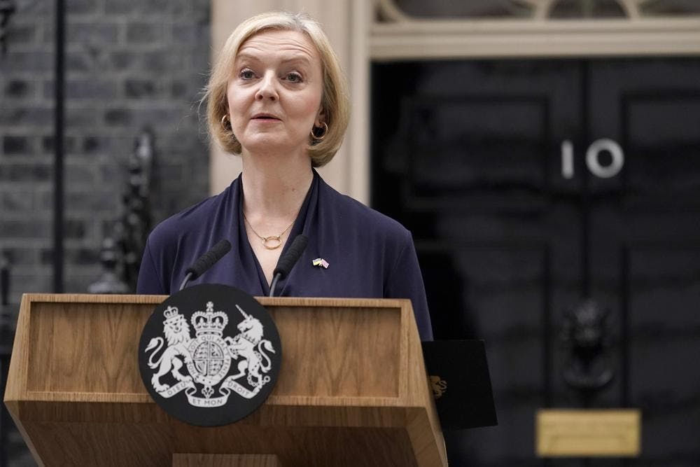 Britain&#x27;s Prime Minister Liz Truss addresses the media in Downing Street in London, Thursday, Oct. 20, 2022. Truss says she resigns as leader of UK Conservative Party. (AP Photo/Alberto Pezzali)
