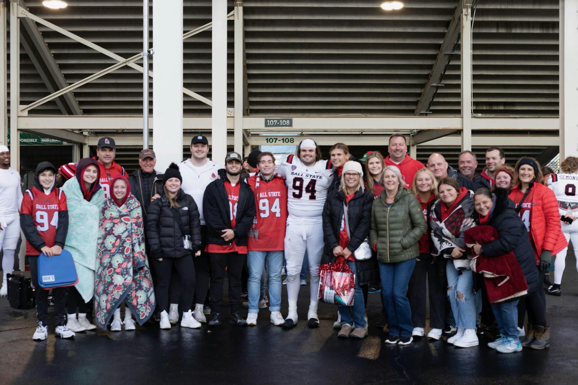 Redshirt senior defensive lineman Jack Sape and his family pose for a photo after a game Oct. 7 at Rynearson Stadium in Ypsilanti, Michigan. Lynn Sape, Photo provided 