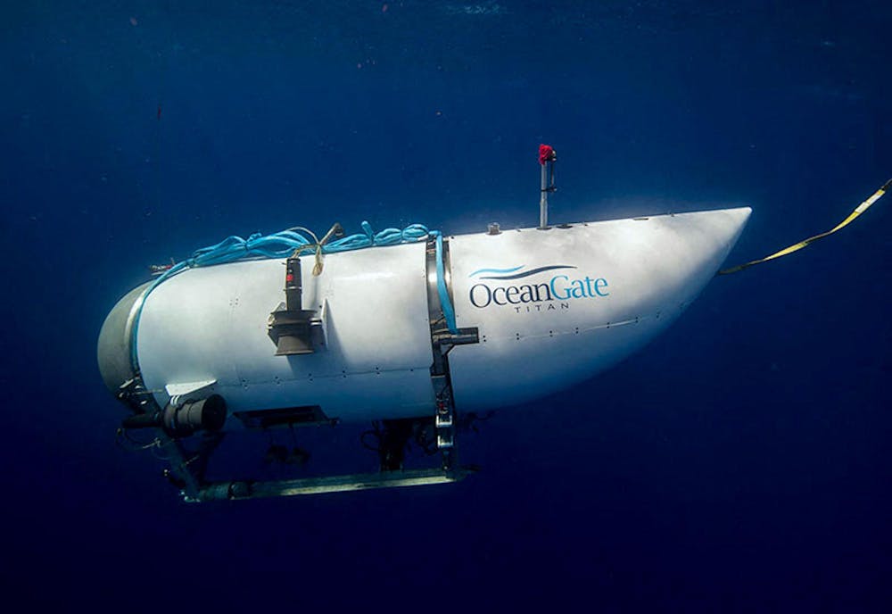Undated handout photo shows Titan, the submersible that vanished on expedition to the Titanic wreckage. A massive search and rescue operation is under way in the mid Atlantic after a tourist submarine went missing during a dive to Titanic&apos;s wreck on Sunday. (OceanGate/Zuma Press Wire/TNS)