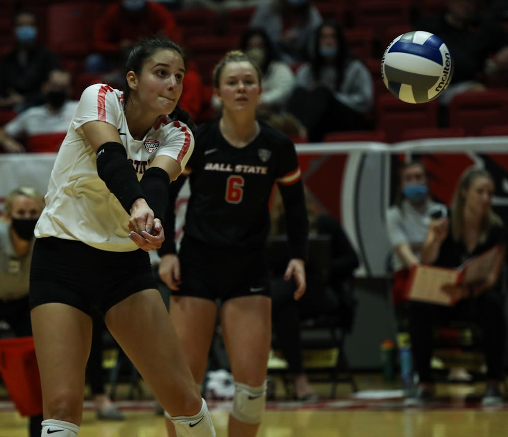 <p>Junior outside hitter Natalie Risi bumps a pass against Northern Illinois at Worthen Arena on Oct. 15. Risi, who played the previous eight weeks at libero, move to outside hitter for the match due to graduate student outside hitter Emily Hollowell’s absence. The Cardinals went on to sweep the Huskies to extend their win streak to six matches. <em><strong>Jacy Bradley, DN</strong></em></p>