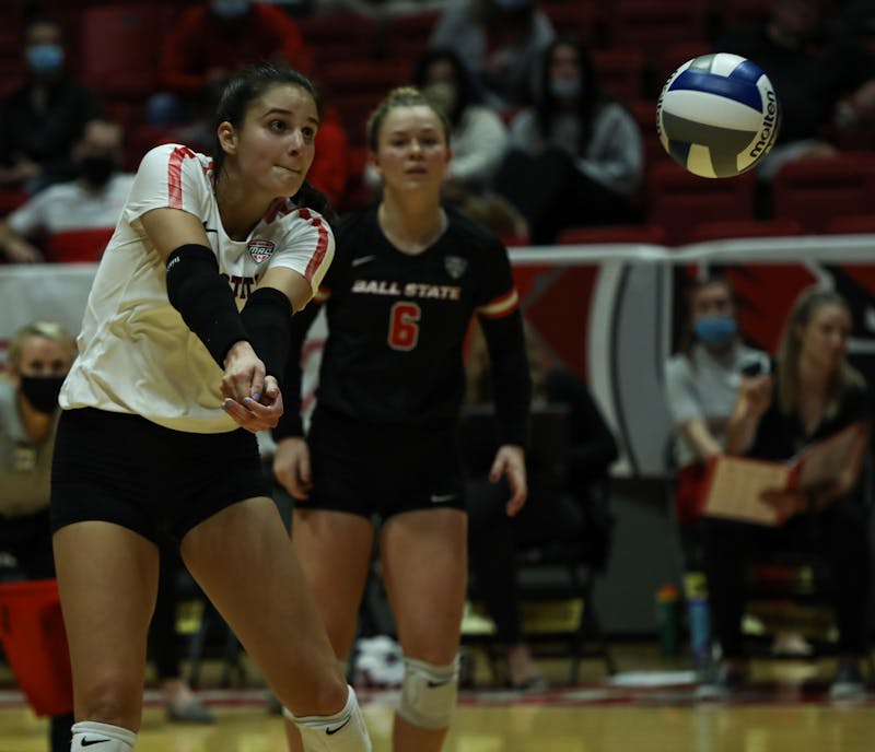 Junior outside hitter Natalie Risi bumps a pass against Northern Illinois at Worthen Arena on Oct. 15. Risi, who played the previous eight weeks at libero, move to outside hitter for the match due to graduate student outside hitter Emily Hollowell’s absence. The Cardinals went on to sweep the Huskies to extend their win streak to six matches. Jacy Bradley, DN