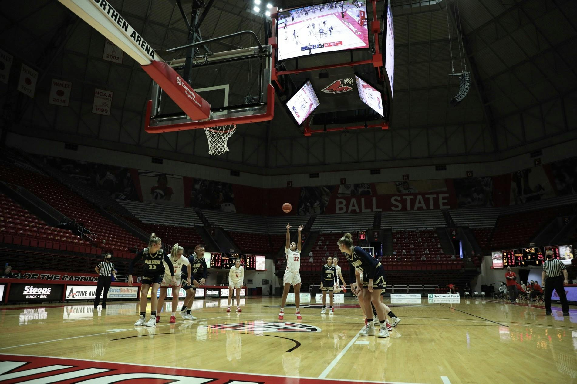 Cardinals senior forward Oshlynn Brown shoots a free throw Feb. 6, 2021, at John E. Worthen Arena. The Cardinals lost 89-84 to the Zips. Jacob Musselman, DN 