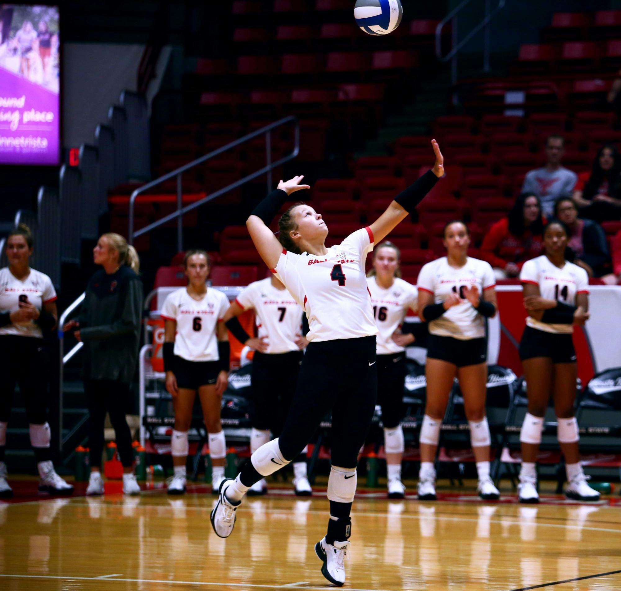 Sophomore defensive specialist Paige Busick serves the ball against The University of Oklahoma Aug. 26 at Worthen Arena. Mya Cataline, DN