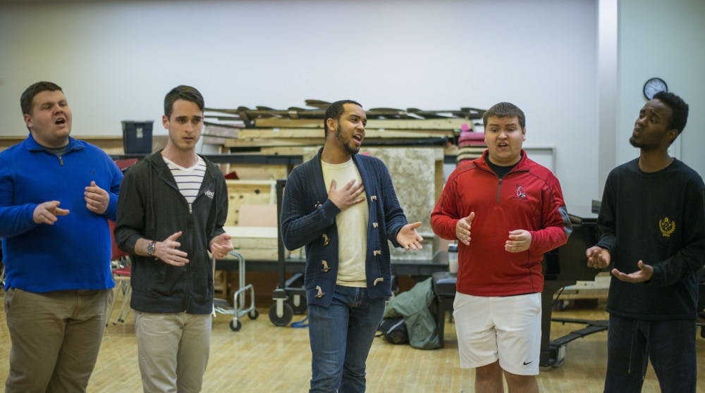Note To Self a cappella group rehearses at the L.A. Pittenger Student Center, preparing for its performance in the&nbsp;International Competition of Collegiate A Cappella (ICCA) semifinal competition in St. Louis on April 2. It's the first time a Ball State group has ever made it this far. DN PHOTO BREANNA DAUGHERTY