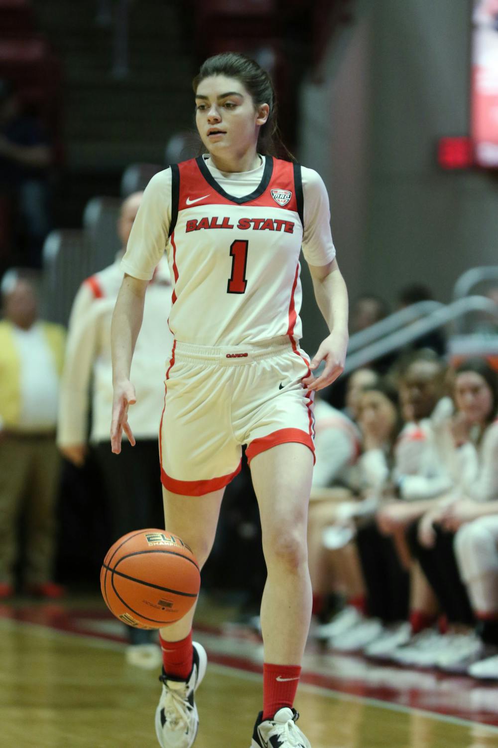 Freshman Hana Muhl bring the ball up the court in a game against Northern Illinois Feb. 1 at Worthen Arena. Muhl tallied one assist in the win. Brayden Goins, DN