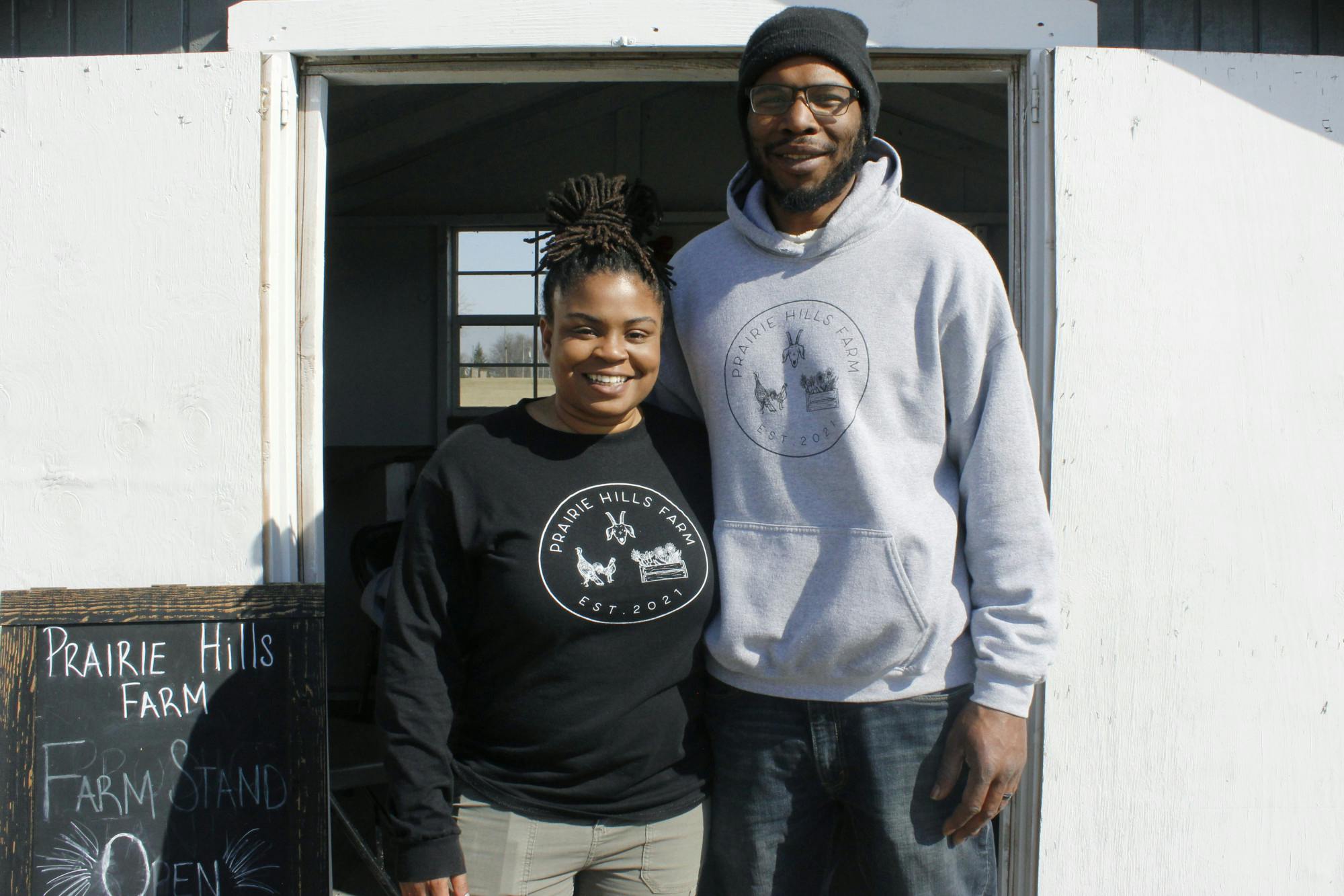 Prairie Hill Farm owners, Sabrina and Sylvester Friend, pose for a photo March 13 on their farm in Selma, IN, which they said they started in 2021 after the crux of the COVID-19 pandemic. The Friends said they love farm life and the "village" they've created of friends and neighbors along the way. Katherine Hill, DN