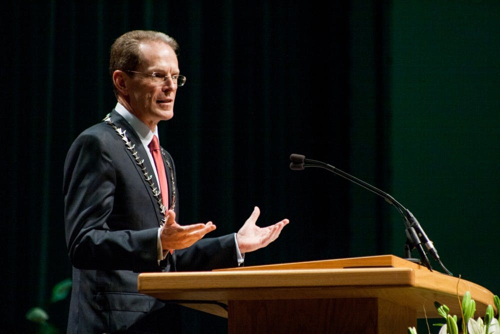 Ball State President Geoffrey S. Mearns gives a speech on Sept. 8 at the Installation of Geoffrey S. Mearns in John R. Emens Auditorium. Mearns is the 17th President of Ball State University. Kaiti Sullivan, DN File