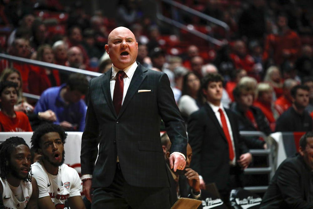 Ball State head coach Michael Lewis yells for his team to move Dec. 2 against Bellarmine at Worthen Arena. Ball State won 67-58 over Bellarmine. Andrew Berger, DN