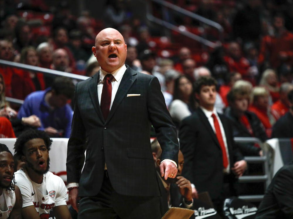 Ball State head coach Michael Lewis yells for his team to move Dec. 2 against Bellarmine at Worthen Arena. Ball State won 67-58 over Bellarmine. Andrew Berger, DN