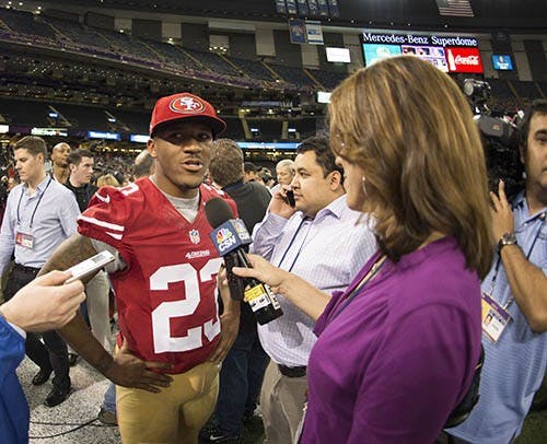 LaMichael James of the San Francisco 49ers answers questions during Super Bowl Media Day on Tuesday, Jan. 29, 2013, in New Orleans, La. The Ravens and the 49ers will face off in New Orleans in the Super Bowl. MCT PHOTO