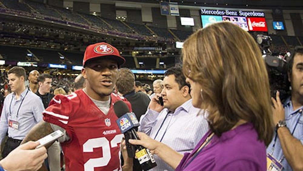 LaMichael James of the San Francisco 49ers answers questions during Super Bowl Media Day on Tuesday, Jan. 29, 2013, in New Orleans, La. The Ravens and the 49ers will face off in New Orleans in the Super Bowl. MCT PHOTO