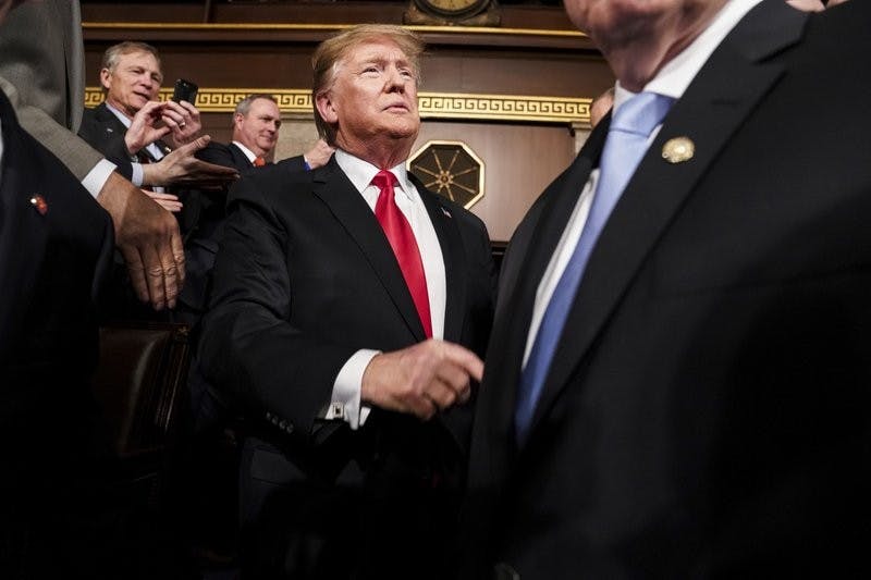 President Donald Trump arrives in the House chamber before giving his State of the Union address to a joint session of Congress, Tuesday, Feb. 5, 2019 at the Capitol in Washington. (Doug Mills/The New York Times via AP, Pool)&nbsp;