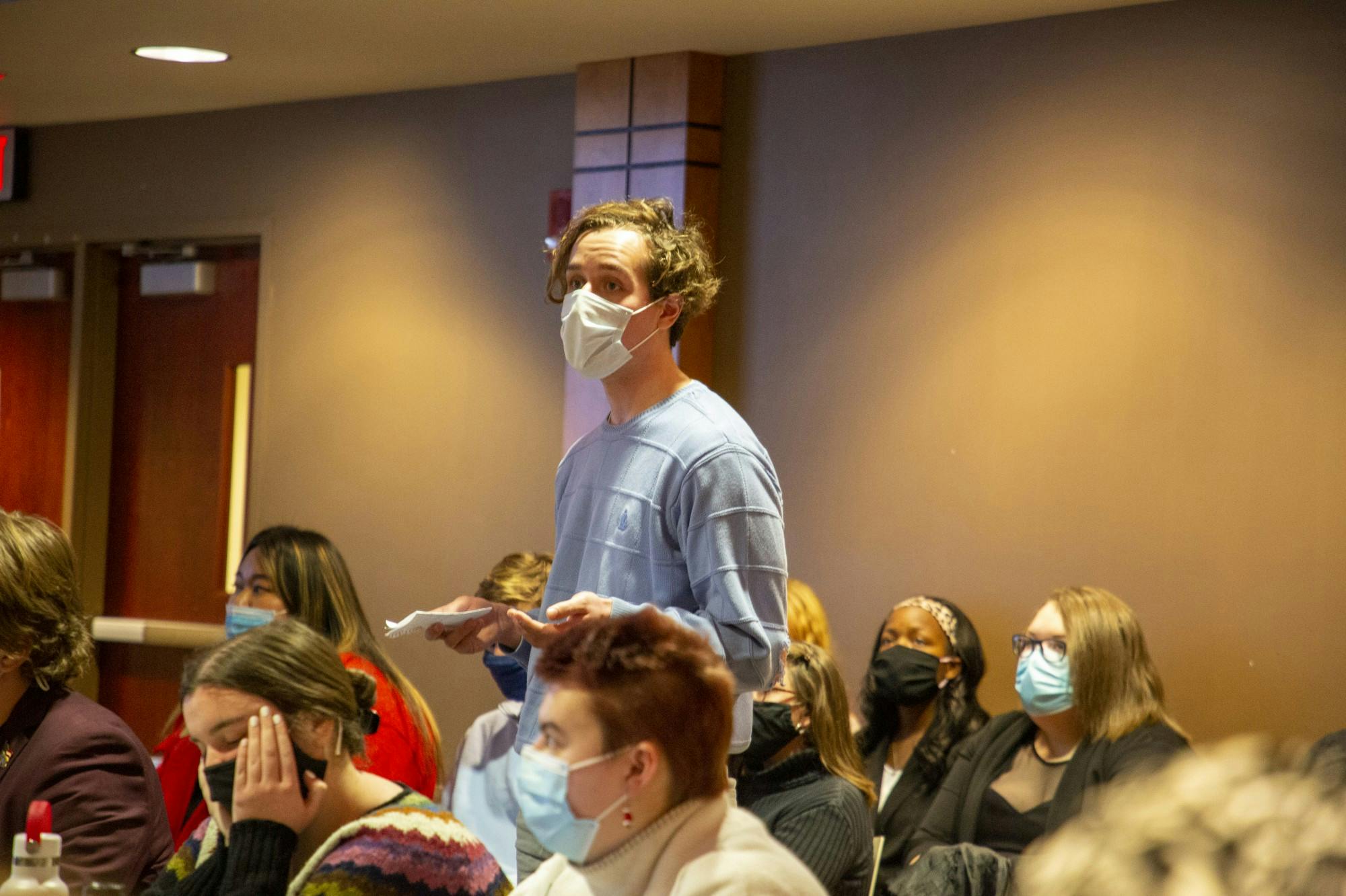 Ball State College Democrats President Griffin Green speaks of his support for the minimum wage resolution to the Student Government Association Dec. 8. Green is also a student employee on campus. Hannah Amos, DN  