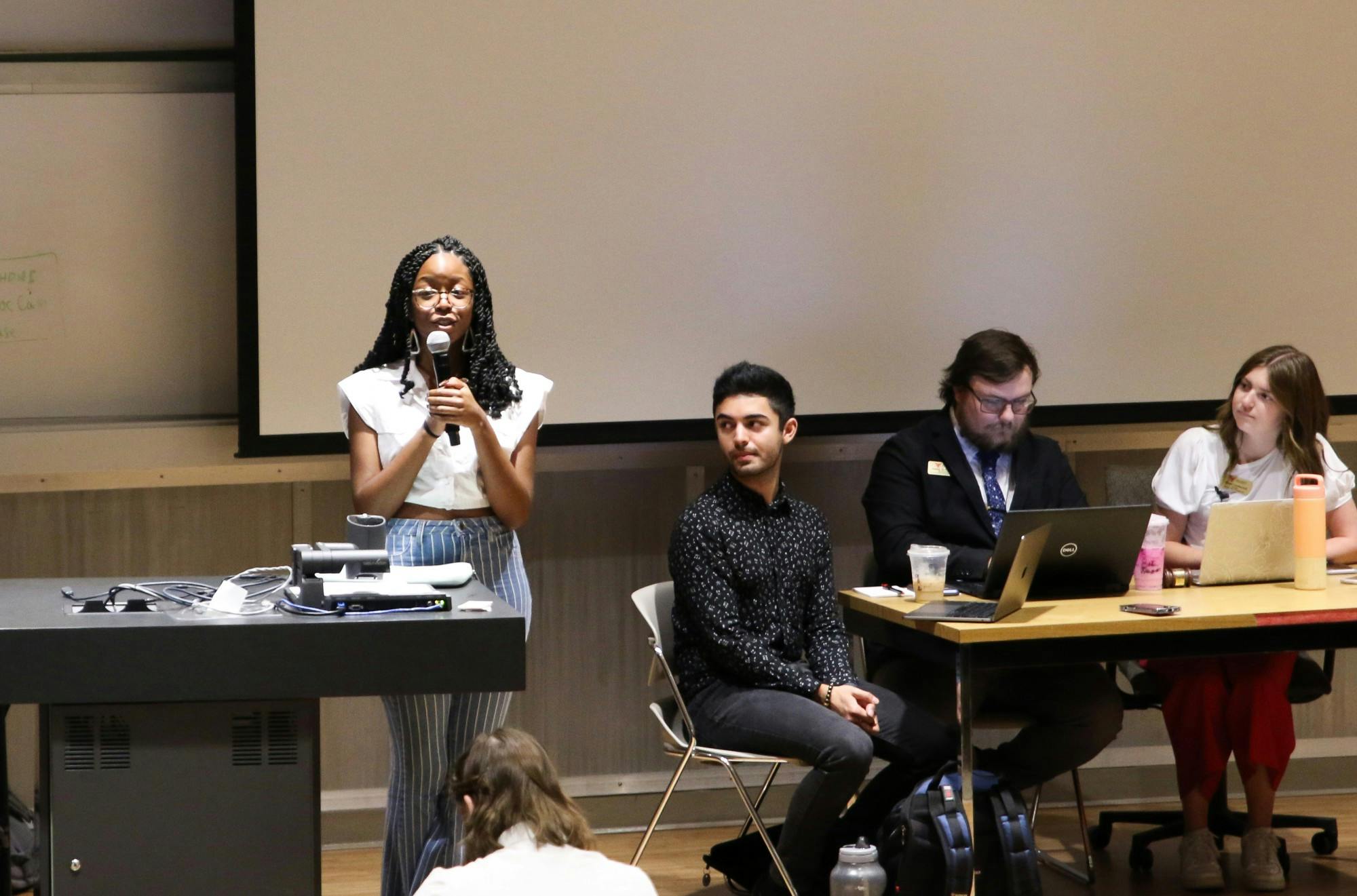 Ball State alumna Jordyn Blythe speaks at a Student Government Association (SGA) meeting over the Orr Foundation Sept. 7 in the Teachers College. Blythe is a 2022 graduate who now works for the Orr Foundation. Elijah Poe, DN