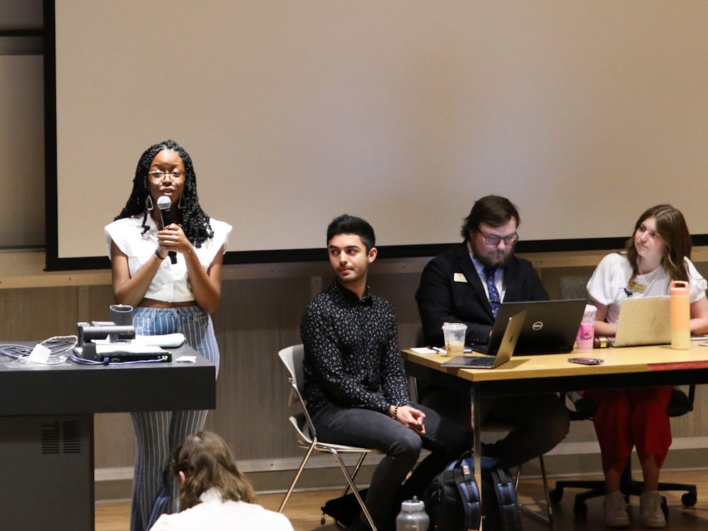Ball State alumna Jordyn Blythe speaks at a Student Government Association (SGA) meeting over the Orr Foundation Sept. 7 in the Teachers College. Blythe is a 2022 graduate who now works for the Orr Foundation. Elijah Poe, DN