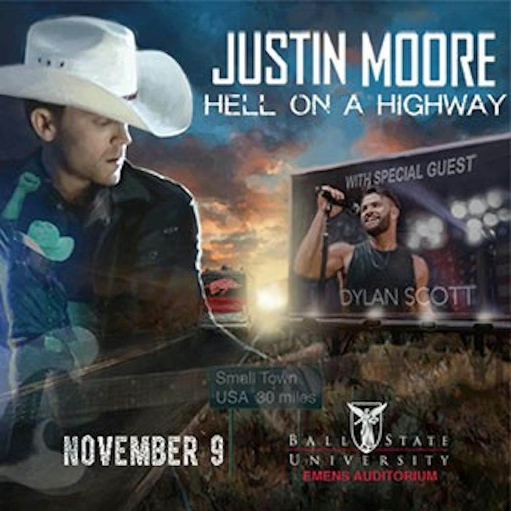 <p>Presale tickets for the Justin Moore: Hell On a Highway Tour with Dylan Scott at John R. Emens Auditorium began at 10 a.m. Thursday. Moore will be preforming at Ball State on Nov. 9. Ball State University Photo Courtesy</p>