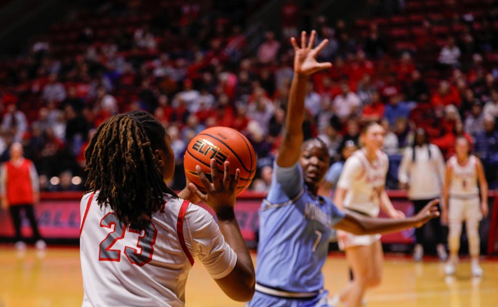 Freshman Zuri Ransom shoots a three-point shot against Old Dominion Nov. 4 at Worthen Arena. Ransom had one assist for the Cardinals. Andrew Berger, DN 