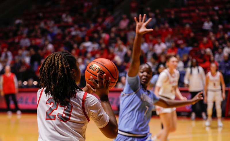 Freshman Zuri Ransom shoots a three-point shot against Old Dominion Nov. 4 at Worthen Arena. Ransom had one assist for the Cardinals. Andrew Berger, DN 