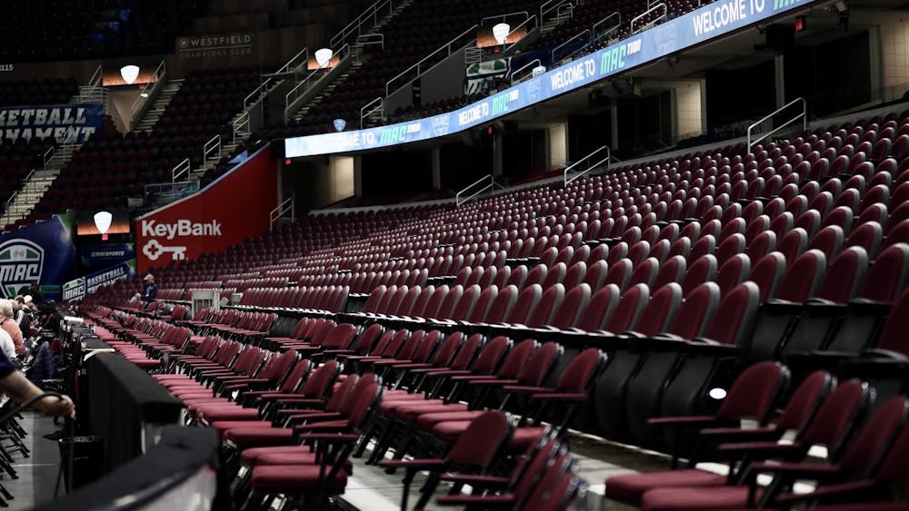 The rows of seats sit empty March 12, 2020, at Rocket Mortgage FieldHouse in Cleveland, Ohio. The MAC Tournament was cancelled due to concerns with the Coronavirus. Jacob Musselman, DN