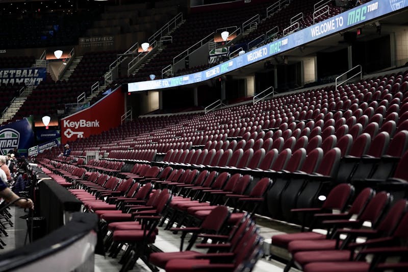 The rows of seats sit empty March 12, 2020, at Rocket Mortgage FieldHouse in Cleveland, Ohio. The MAC Tournament was cancelled due to concerns with the Coronavirus. Jacob Musselman, DN