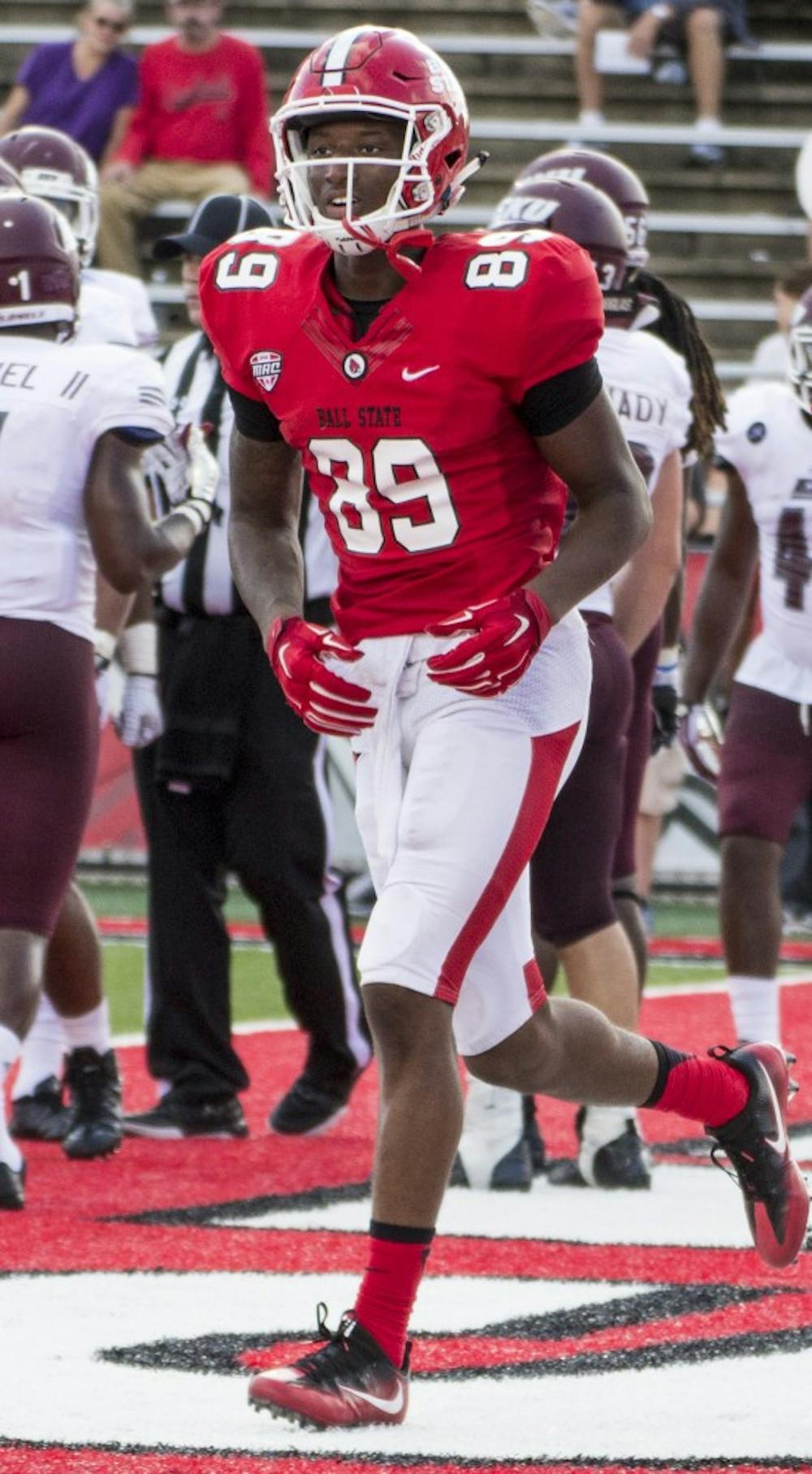 <p>Wide receiver&nbsp;Damon Hazelton Jr. caught six catches for 54 yards&nbsp;and a touchdown during the game against Eastern Kentucky on Sept. 17. Ball State won 41-14. <em>Grace Ramey // DN</em></p>