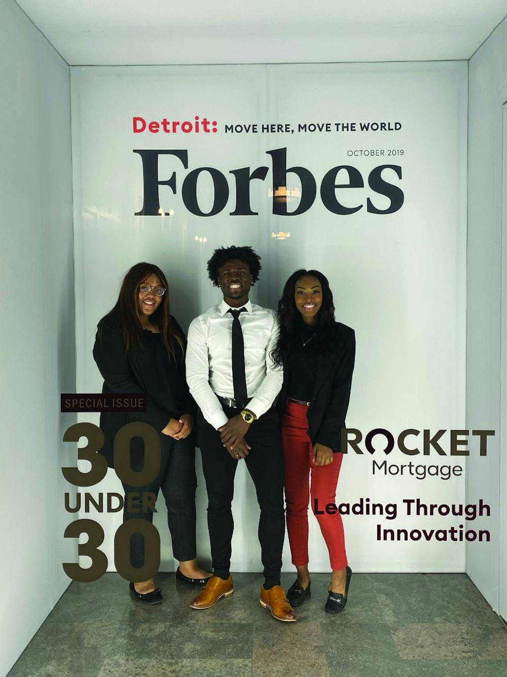 Senior Kaylah Bell (left), junior Aric Fulton Jr. (middle) and senior Tazia Williams (right) attend the Forbes Under 30 Summit Oct. 27-30 in Detroit. Bell, Fulton and Williams were three of 1,000 students selected to receive a scholarship which paid for the fee to attend the conference. Aric Fulton, Photo Provided