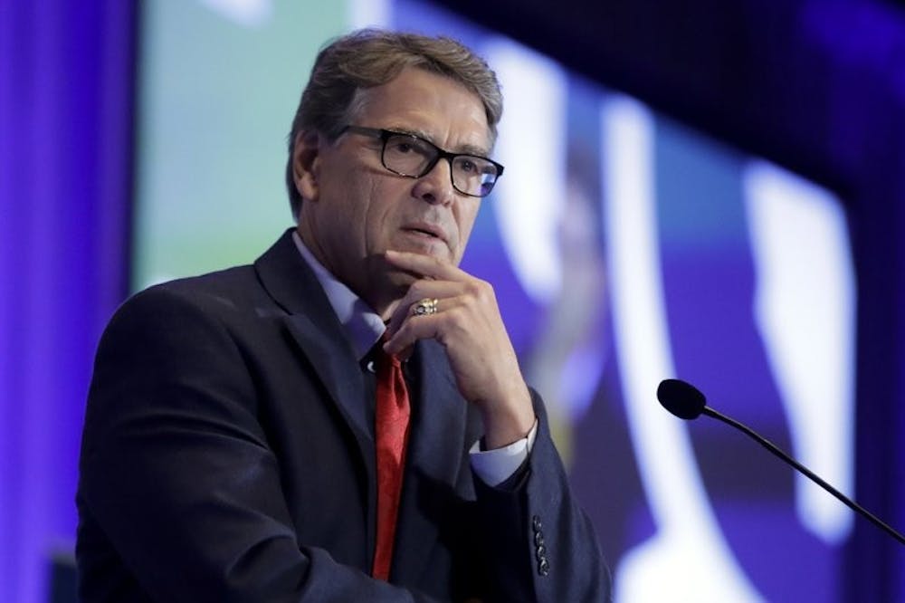 <p>FILE - In this Sept. 6, 2019, file photo, Energy Secretary Rick Perry speaks at the California GOP fall convention in Indian Wells, Calif. Perry pushed Ukraine’s president earlier in 2019 to replace members of a key supervisory board at Naftogaz, a massive state-owned petroleum company. <strong>(AP Photo/Chris Carlson, File)</strong></p>