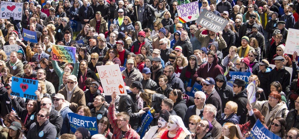 Protesters gather to rally against RFRA on March 28 at Indianapolis Statehouse. | DN PHOTO BRADLEY DEAN JONES