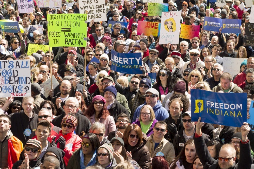 Shown above, is the protest about&nbsp;the RFRA bill on March 30 in Indianapolis, after&nbsp;the Indiana Republican legislative leaders added language to the religious freedom law to make it clear it does not allow discrimination against gays and lesbians.&nbsp;Indiana Senate Republicans proposed Senate Bill 100 on Nov. 17 to add sexual orientation and gender identity to the state’s civil rights protections as well as religious freedoms in Indiana.&nbsp;DN FILE PHOTO BRADLEY JONES