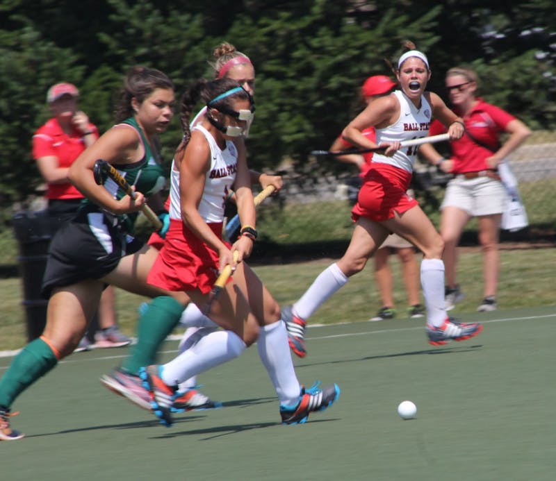 Freshman midfielder Kylee Cunningham attempts to get the ball past an Ohio defender on Aug. 27 at Briner Sports Complex. In the first half, the Cardinals had two assists. Patrick Murphy // DN