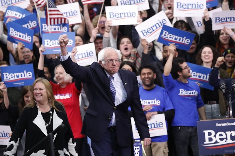 Democratic presidential candidate Sen. Bernie Sanders, I-Vt., with his wife Jane O'Meara Sanders, arrives to speak to supporters at a primary night election rally Feb. 11, 2020, in Manchester, N.H. (AP Photo/Pablo Martinez Monsivais)