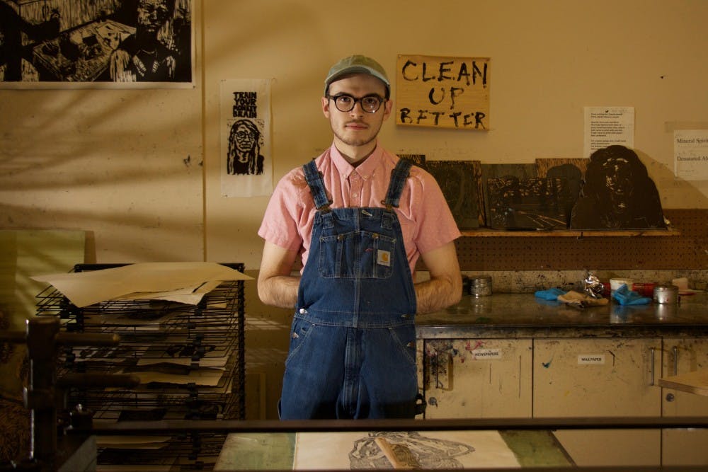 Junior Teddy Lepley is a Printmaking major at Ball State University, using his free time on Sunday to catchup on his artwork in the studio on February 25. Carlee Ellison, Madi Grosh, Eric Pritchett, Hannah Perry, DN