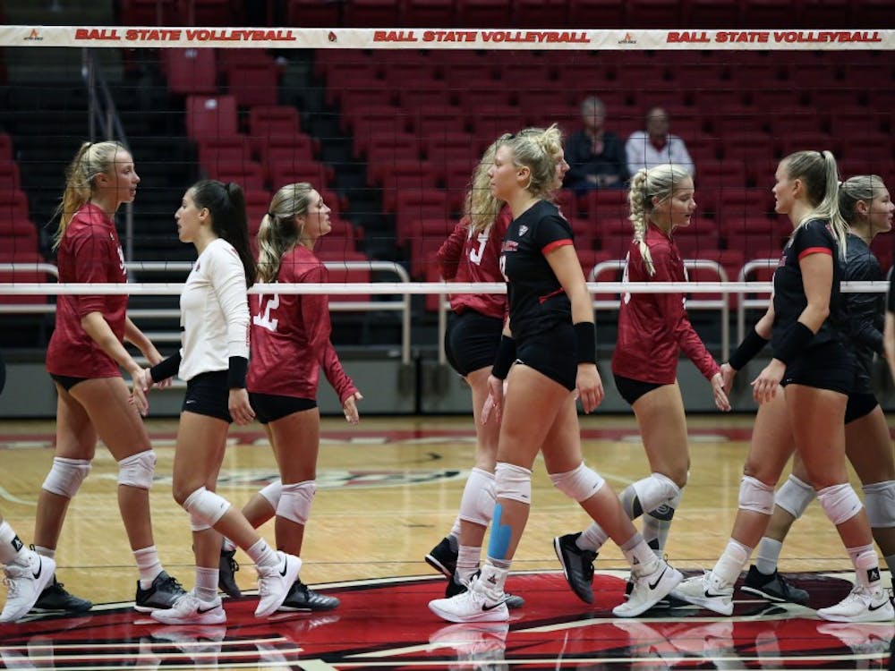 The IU Women's Volleyball team shakes hands with the Ball State Women's Volleyball team Saturday, Sept. 8, 2018, at Worthen Arena. IU won three sets to two. Jacob Haberstroh,DN.