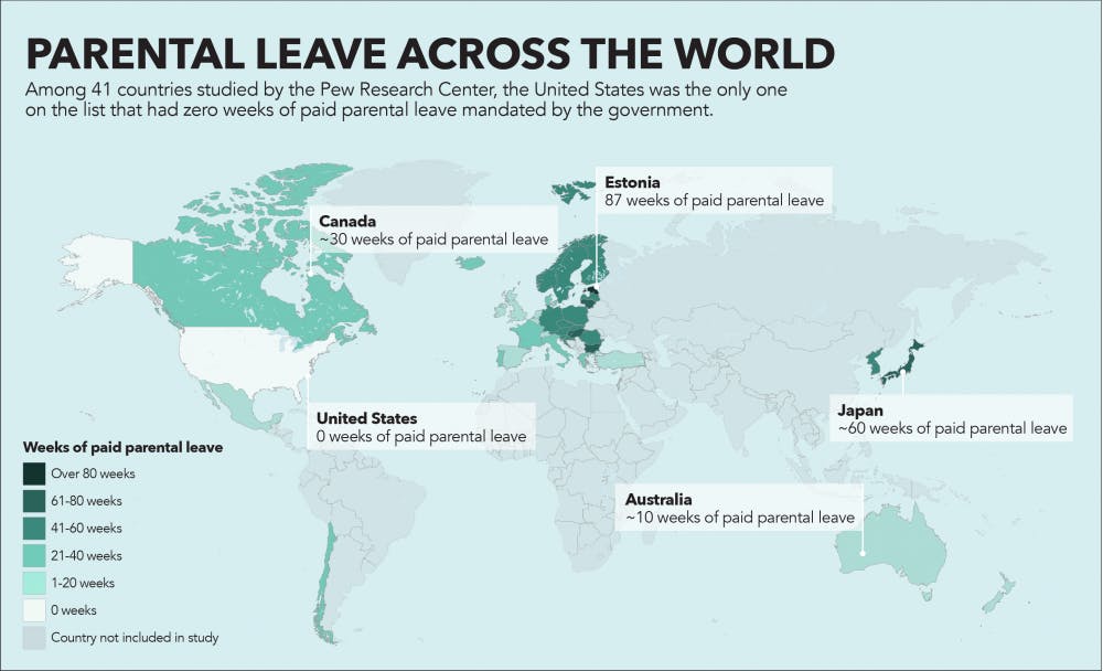 According to a 2016 Pew Research Center study of 41 countries, the United States is the only one without paid parental leave. Ball State implemented paid parental leave in 2017. Emily Wright, DN; Free Vector Maps, Courtesy