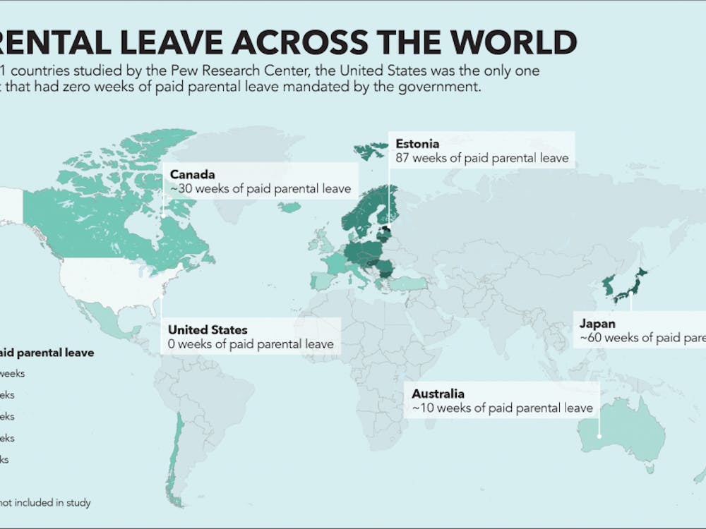 According to a 2016 Pew Research Center study of 41 countries, the United States is the only one without paid parental leave. Ball State implemented paid parental leave in 2017. Emily Wright, DN; Free Vector Maps, Courtesy