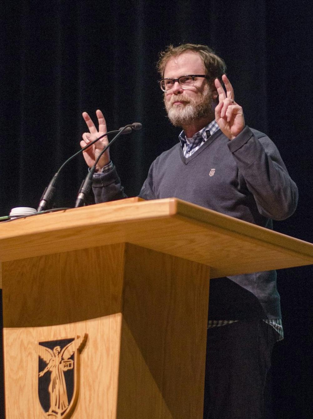 Rainn Wilson, co-creator, of SoulPancake talked to students on March 16 at John R. Emens Auditorium for the Excellence in Leadership speaker series. DN PHOTO BREANNA DAUGHERTY