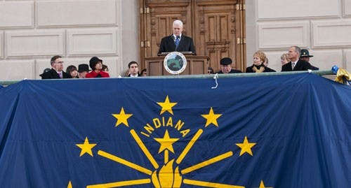 Gov. Mike Pence gives his inaugural address. The governor expressed admiration for former governor Mitch Daniels saying that no one could ever replace him. DN FILE PHOTO BOBBY ELLIS