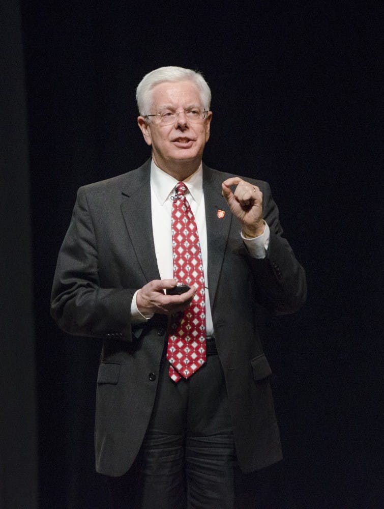 Ball State President Paul Ferguson gave his State of the University address on Feb. 6 at John R. Emens Auditorium. Faculty, staff, community members and students began arriving before three and were given complimentary bookmarks. Ferguson thanked people and discussed his vision for the university. A reception was held after Ferguson's address where he met with members of the audience. DN PHOTO BREANNA DAUGHERTY