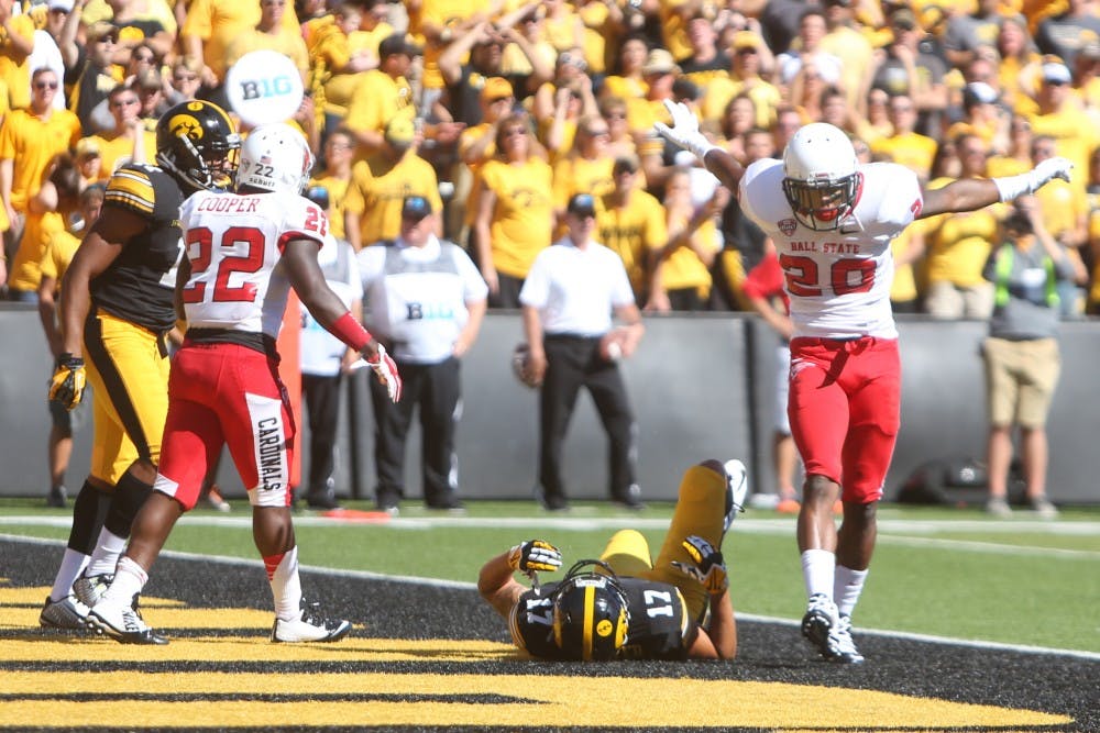 Ball State cornerback Darius Conaway reacts after breaking up a pass to Iowa wide receiver Jacob Hillyer on Sept. 6 in Kinnick Stadium. Iowa defeated Ball State, 17-13. (The Daily Iowan/Tessa Hursh)