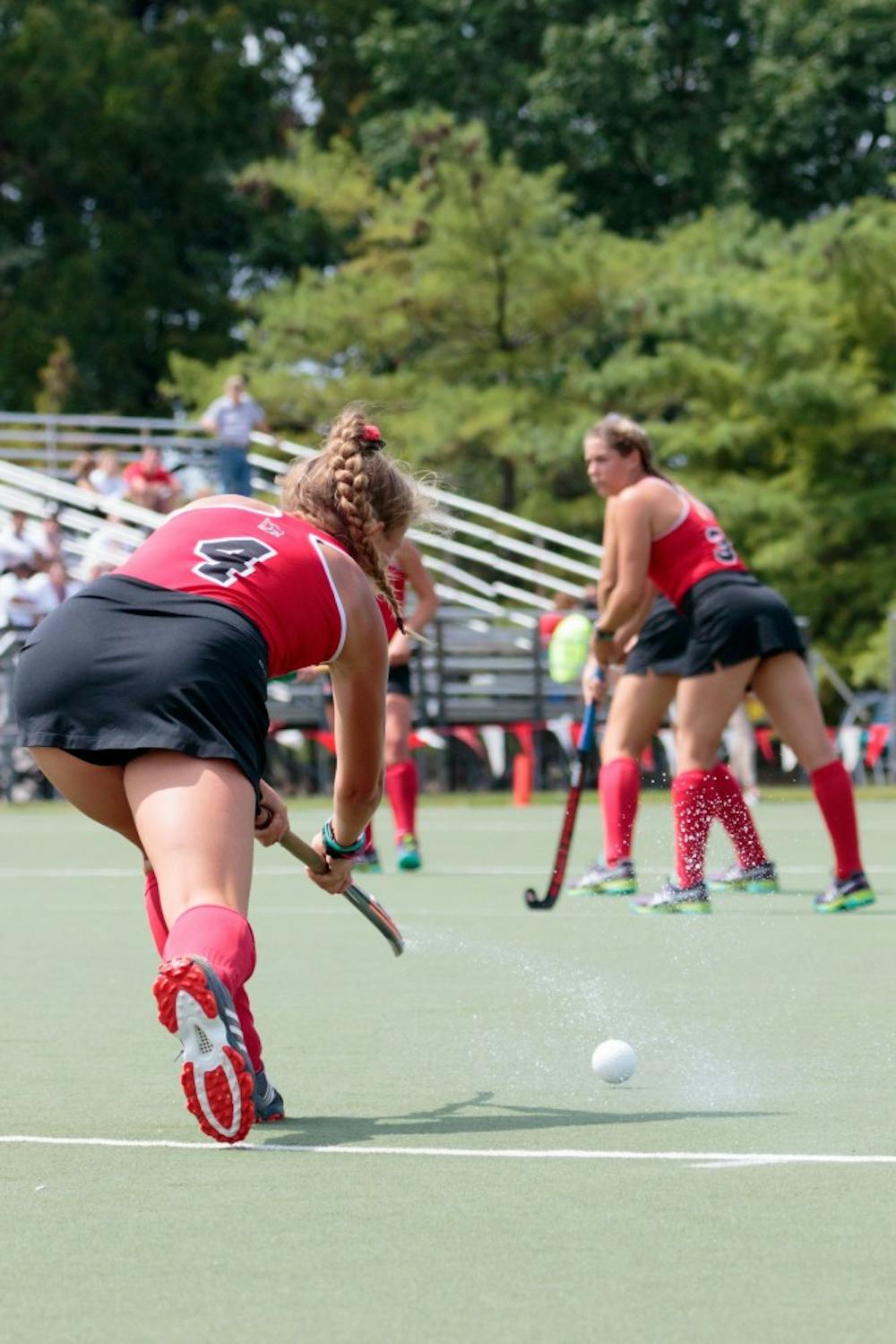 <p>Forward Michelle Shampton launches the ball for a penalty shot during the game against St. Louis Aug. 25, 2017, at the Briner Sports Complex. The Cardinals won 5-0. Kyle Crawford // DN</p>