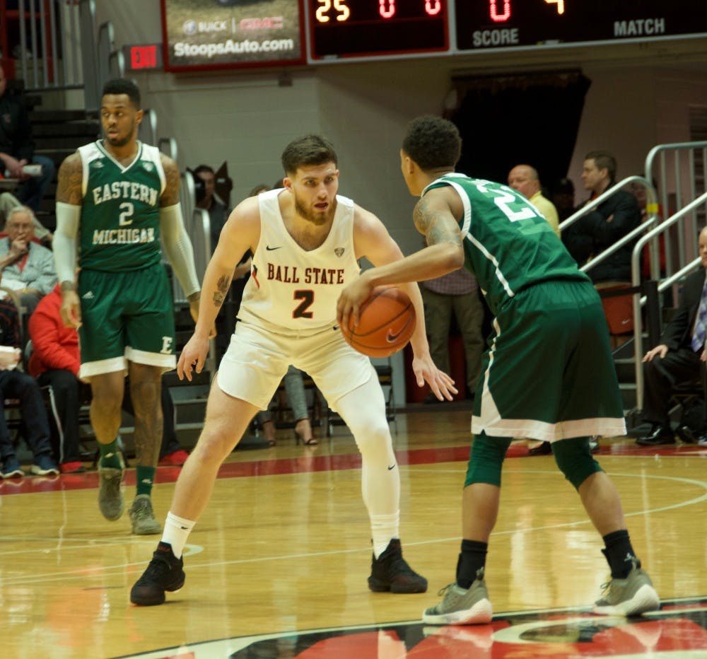 <p>Redshirt senior guard Tayler Persons defends an Eastern Michigan player during a game on Jan. 8, 2019 at Worthen Arena. The Cardinals would fall to the Eagles, 84-82 in double overtime. <strong>Jack Williams,DN</strong></p>