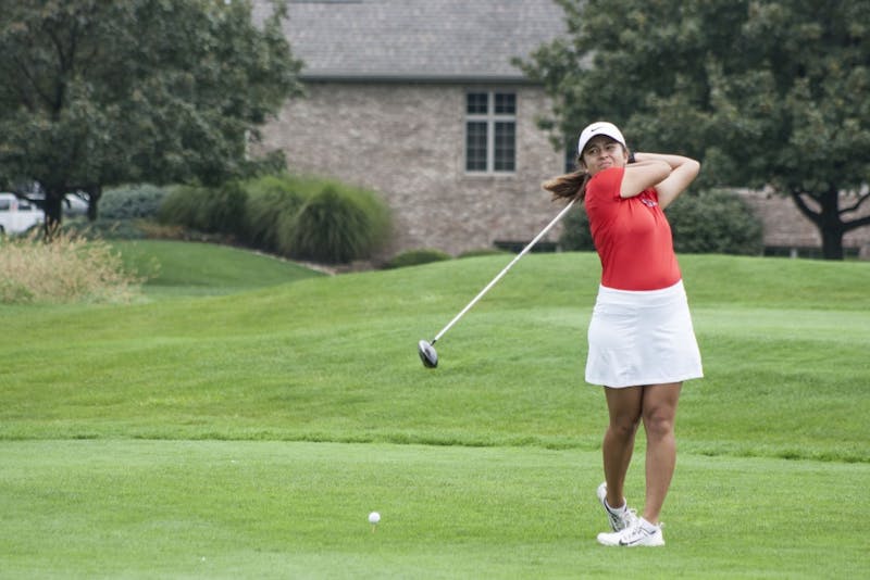 Manon Tounalom tees off at hole 8 during the Cardinal Classic Sept. 19 at the Players Club. Kaiti Sullivan, DN File