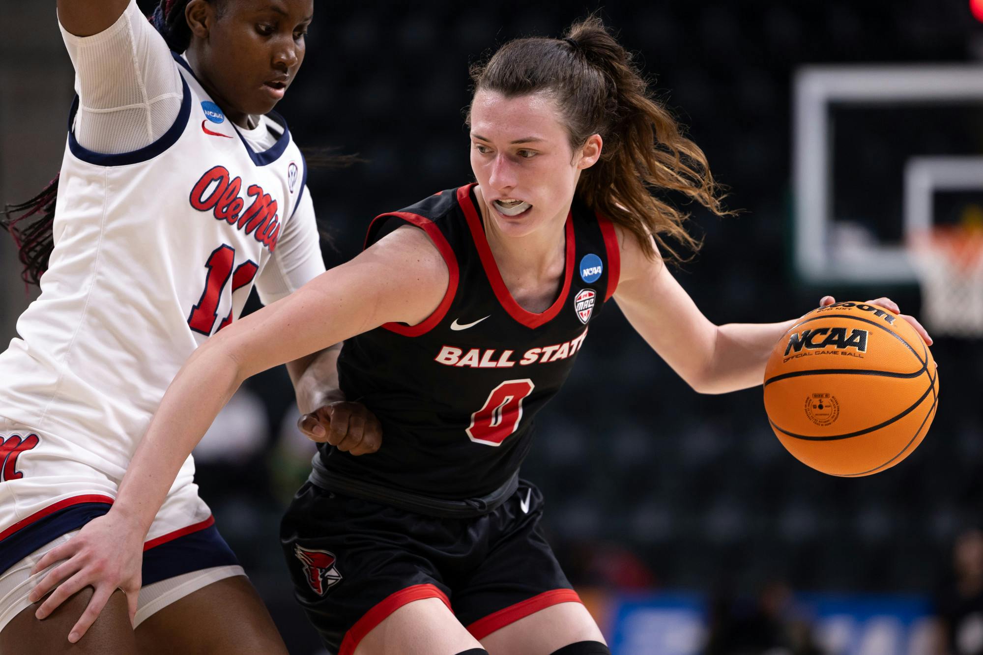 Ball State senior Ally Becki dribbles the ball during the Ball State vs Ole Miss game on March 21 at the Foster Pavilion in Waco Texas. Ball State lost 83-65. Titus Slaughter, DN