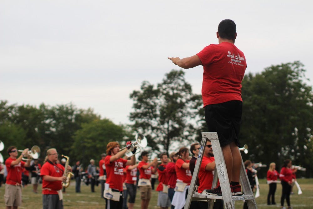 Keith Tye, a junior music education major, directs the Ball State band at Lafollette Field on September 1, 2017. Tye is a drum major for the band. Cassidy Knowling, DN
