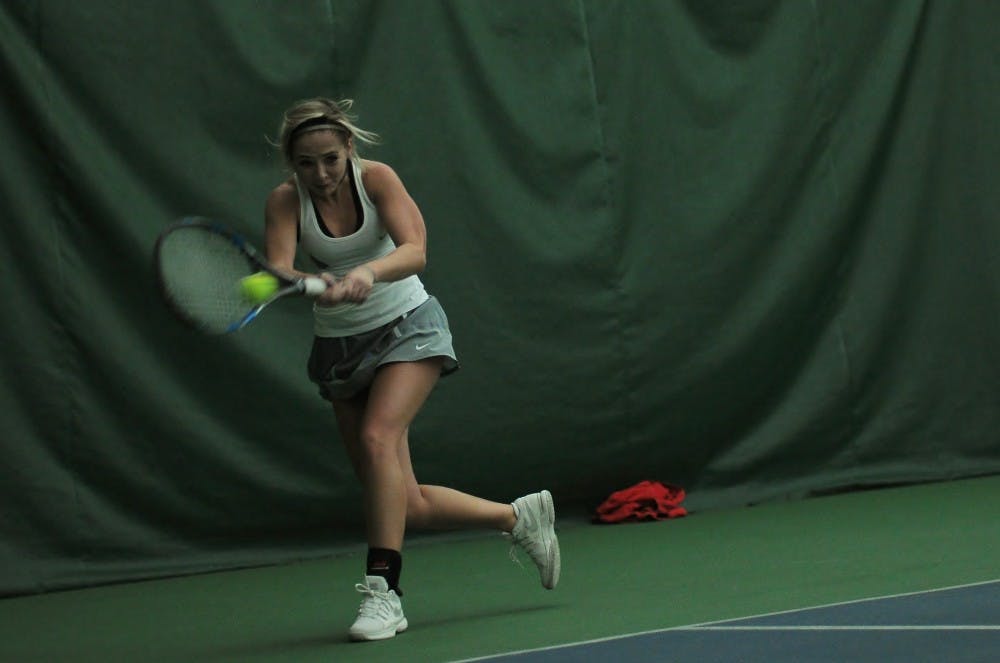 <p>Sophomore Peyton Gollhoffer played in the match against Dayton on Jan. 29.&nbsp;The Cardinals won 6-1 against the Flyers. <em>Kelsey Dickeson // DN</em></p>