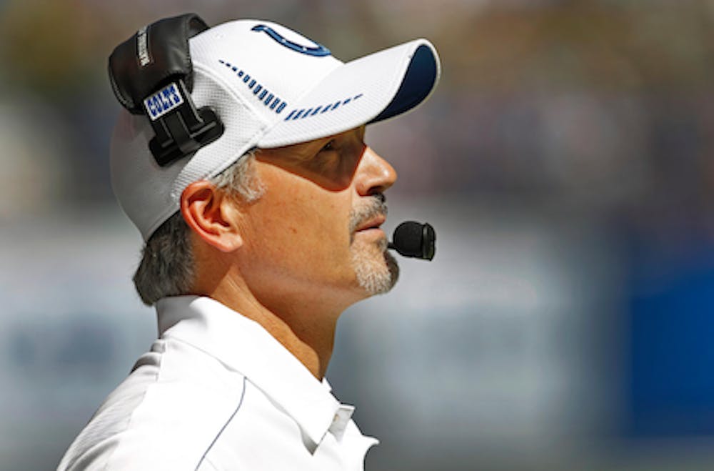 MCT PHOTO Indianapolis Colts coach Chuck Pagano watches first half action of the game Sept. 16 in Indianapolis. Pagano's doctors have announced his leukemia is now in remission but cannot say that his is cured yet. 