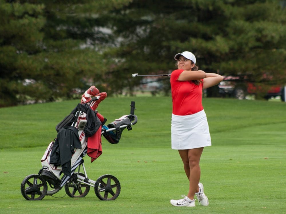 Sophomore Manon Tounalom tees off at hole 8 during the Cardinal Classic on Sept. 19. The tournament took place at the Player's Club in Yorktown. Kaiti Sullivan, DN File