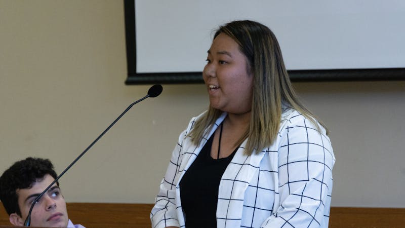 Tina Nguyen speaks Aug. 28, 2019, seeking the Student Government Association's (SGA) senate’s nomination for the at-large caucus. SGA held their first meeting of the 2019-20 academic year. John Lynch, DN