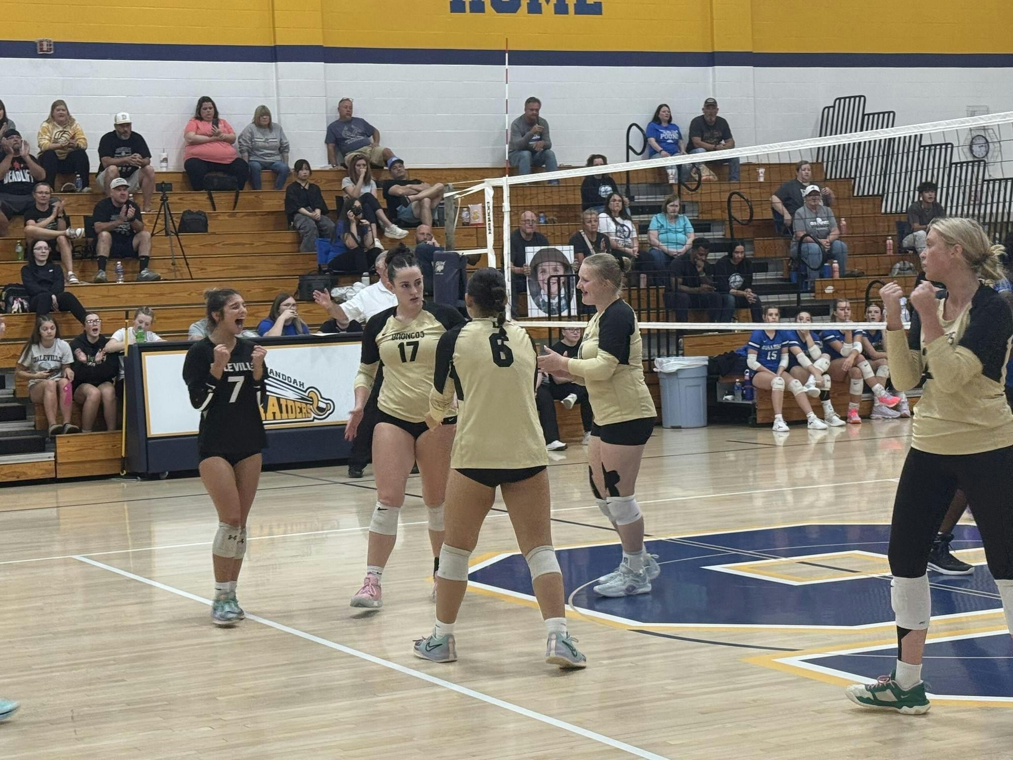 Daleville celebrates a point against Centerville at the Shenandoah Invite at Shenandoah High School on August 23, 2025. Daleville defeated Centerville 2-0. PHOTO BY DAVID MOORE