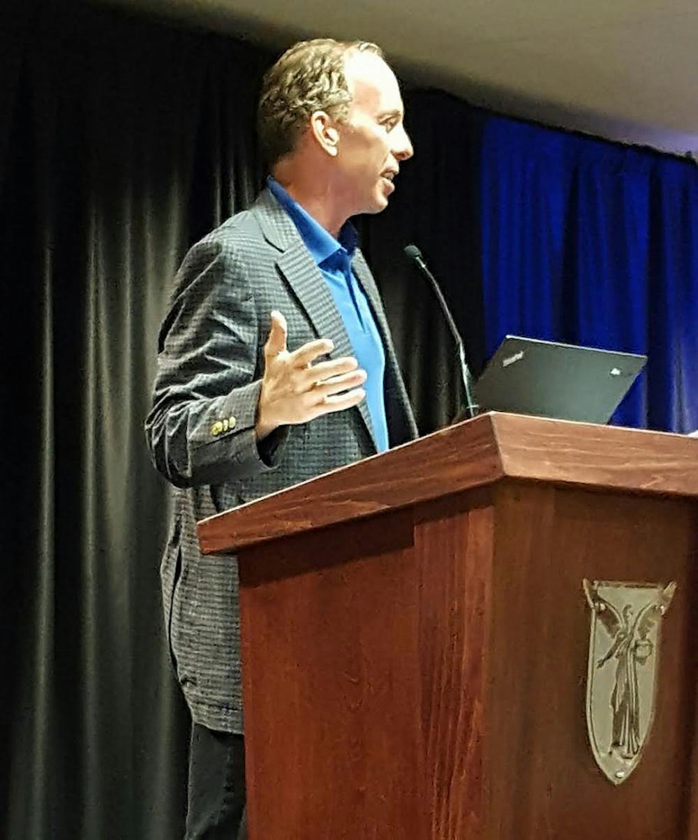 Michael Goldsby spoke on March 30 at the L.A. Pittinger Student Center. Goldsby spoke about the new learning initiatives the John A. Schnatter Institute for Entrepreneurship and Free Enterprise plans to implement.&nbsp;DN PHOTO SARA BARKER